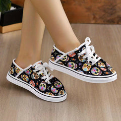 Skull Pattern Halloween Shoes Lace Up Low Round Toe Canvas Comfy Casual Shoes
