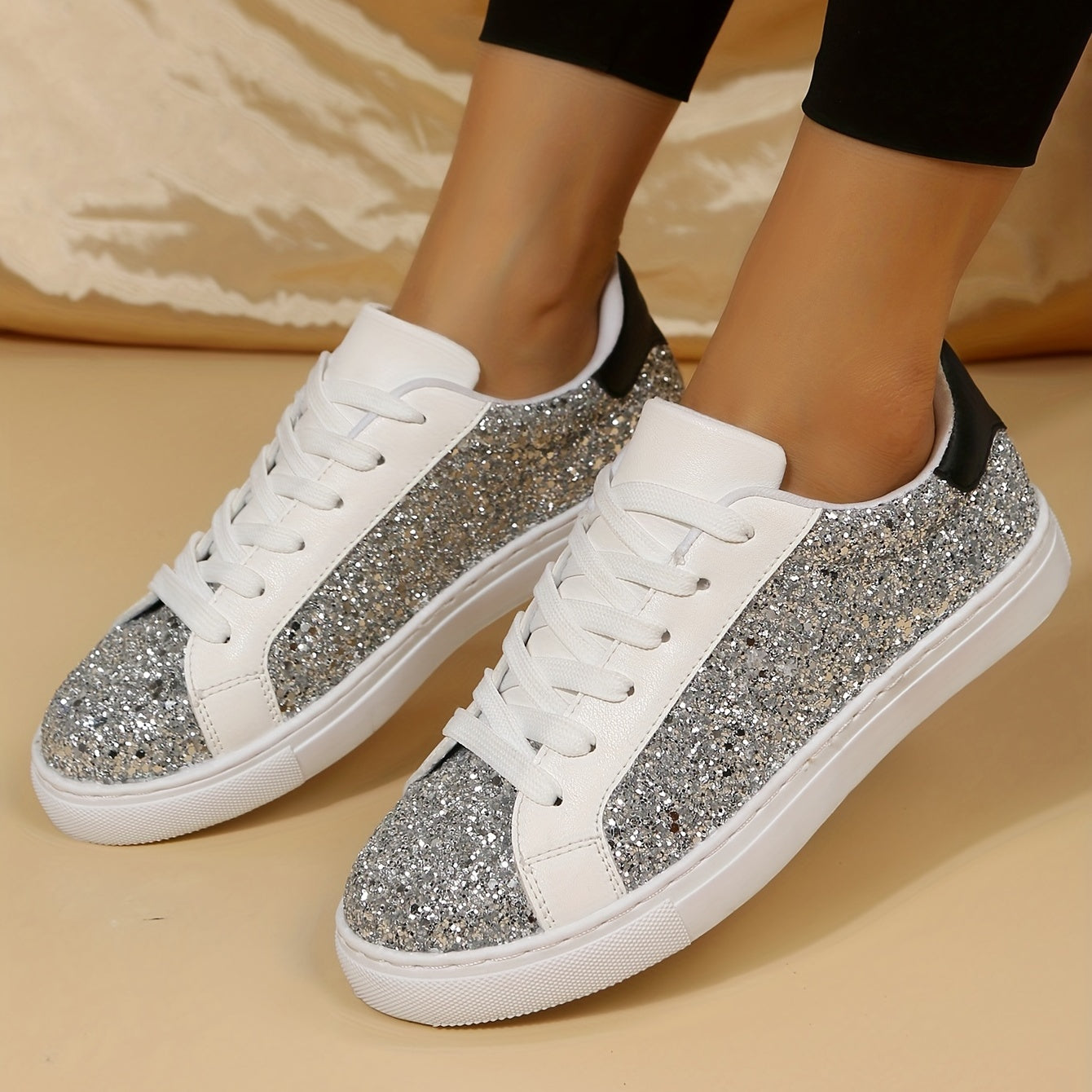 Sequin Decor Glitter Faux Leather Low Cut Lace Up Skate Shoes