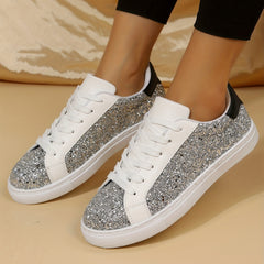 Sequin Decor Glitter Faux Leather Low Cut Lace Up Skate Shoes