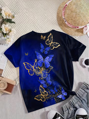 Butterfly Print Short Sleeve T shirt Girls Comfy Pullover Summer Clothes