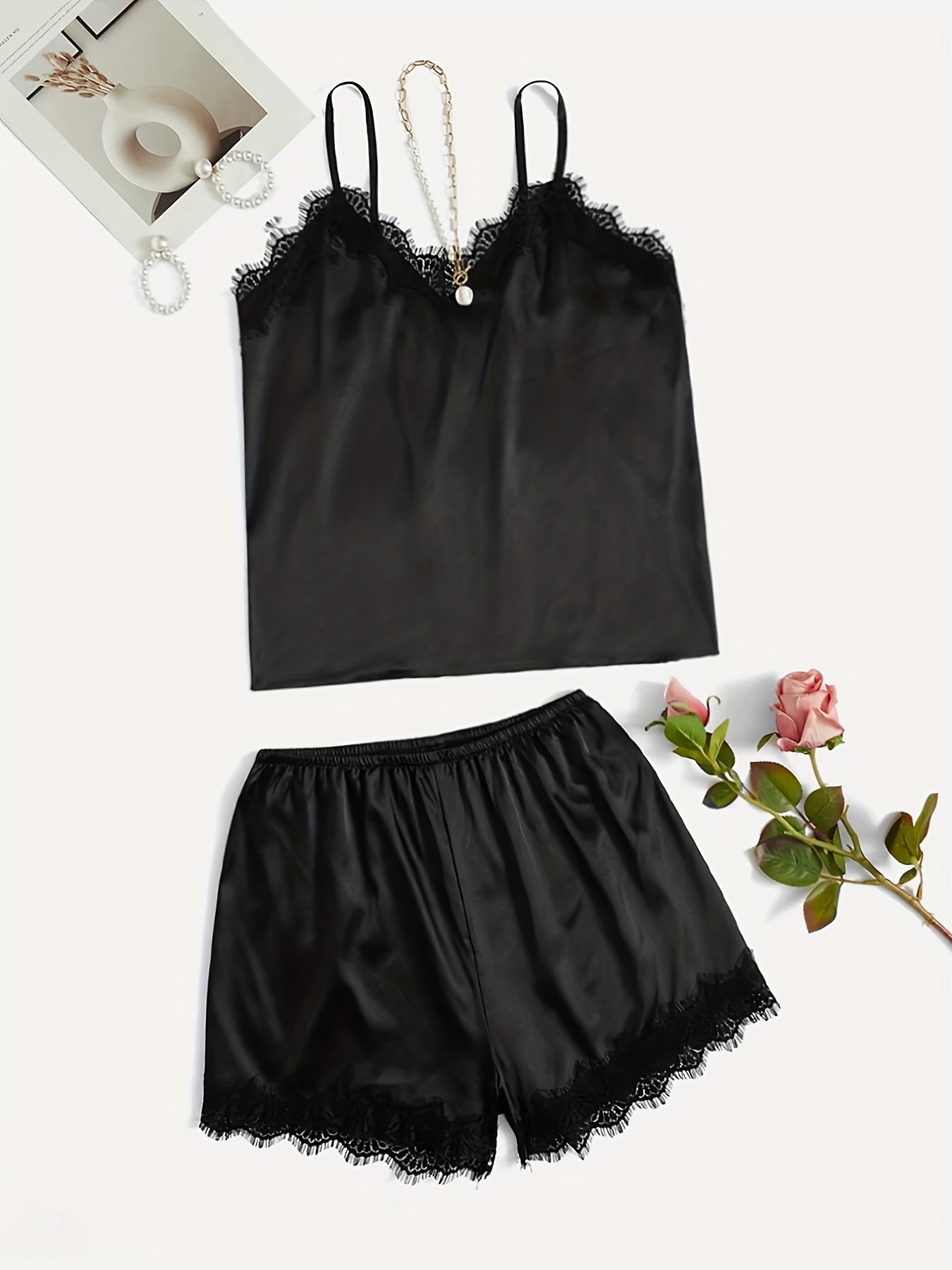 Lace Trim Pajama Set V Neck Cami Top & Shorts