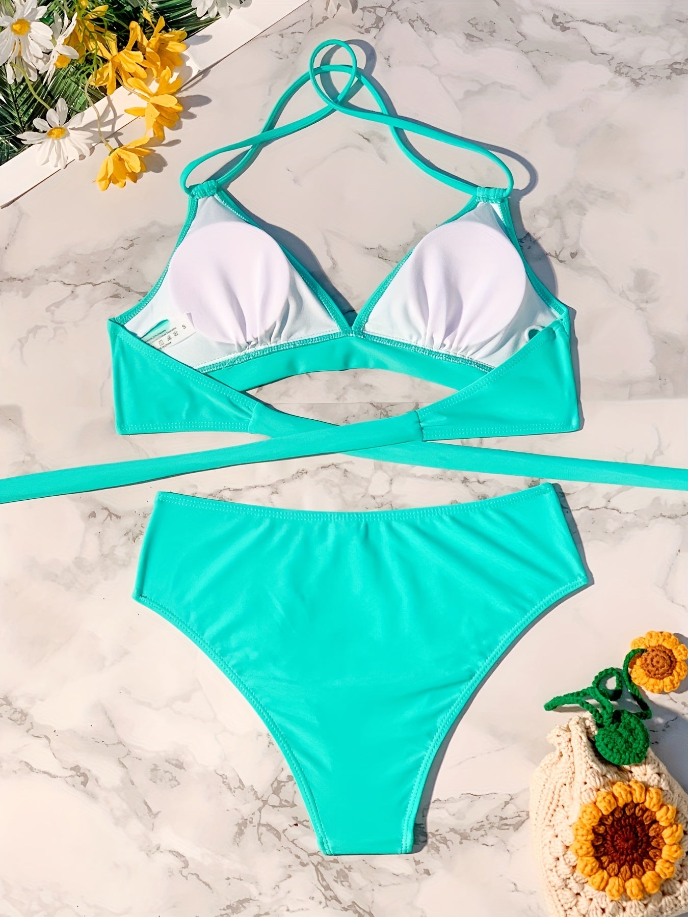 Criss Cross Tie Back 2 Piece Bikini Solid V Neck Stretchy Swimsuit