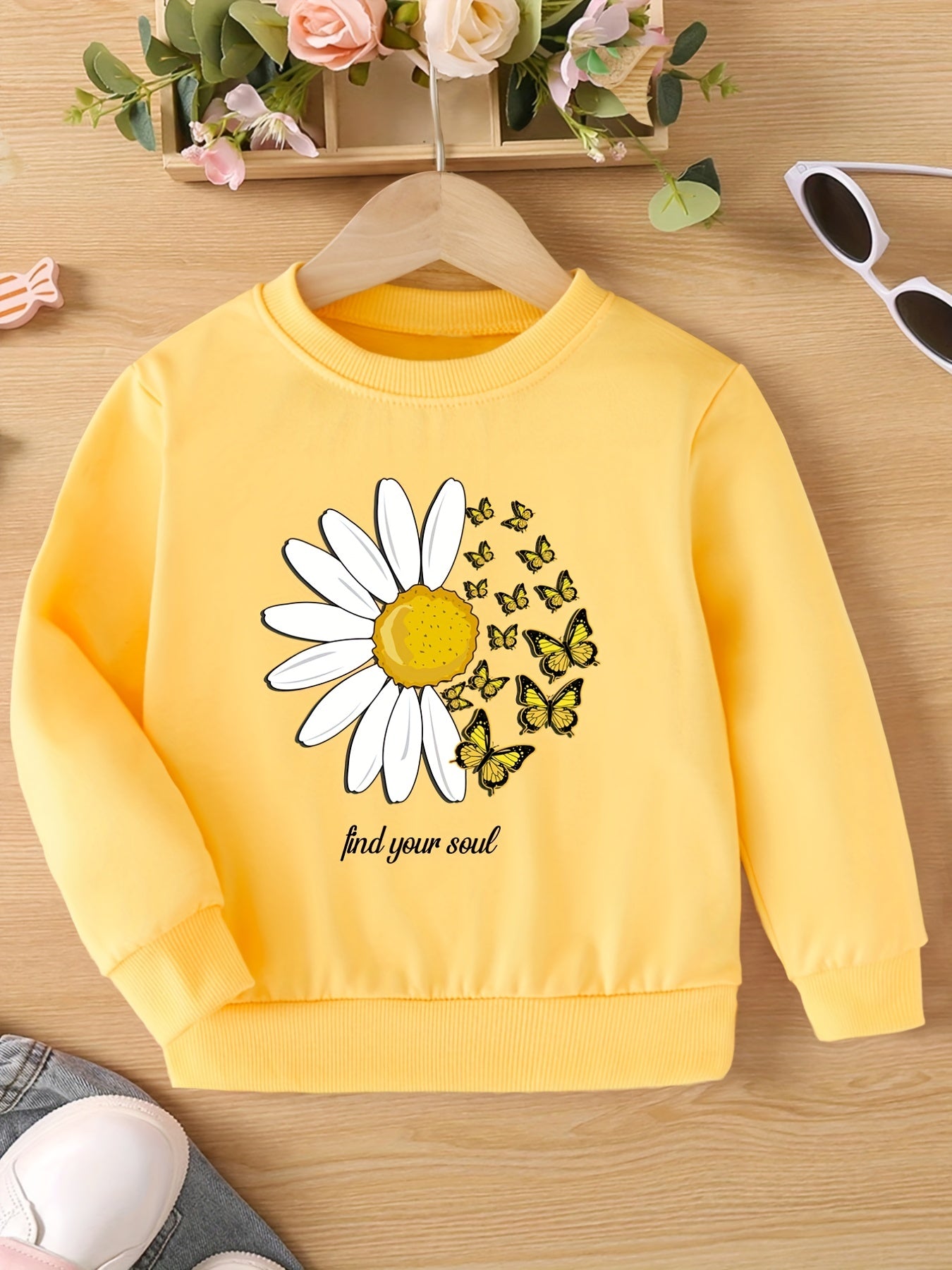 Girls Daisy Flowers Print Crewneck Sweatshirt Top