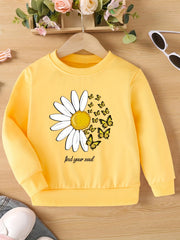 Girls Daisy Flowers Print Crewneck Sweatshirt Top
