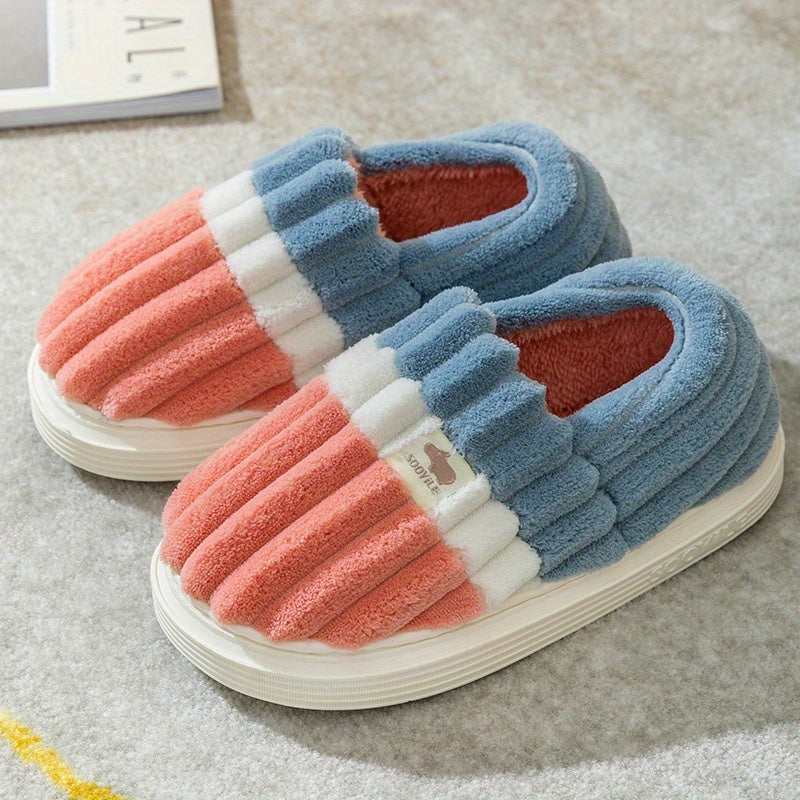 Women's Colorblock Plush Slippers Cozy Slip On Fuzzy Indoor Shoes