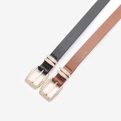 Golden Square Rhinestone Buckle PU Leather Plain Belt for Girls