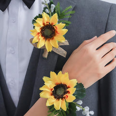 Sunflower & Greenery Wristlet Bouquet Set - Vibrant Yellow Sunflowers