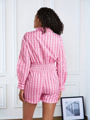 Plaid Pattern Waist Romper Jumpsuit Casual Long Sleeve Women's Clothing