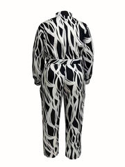 Abstract Striped Print Long Sleeve Belted Jumpsuit Plus Size