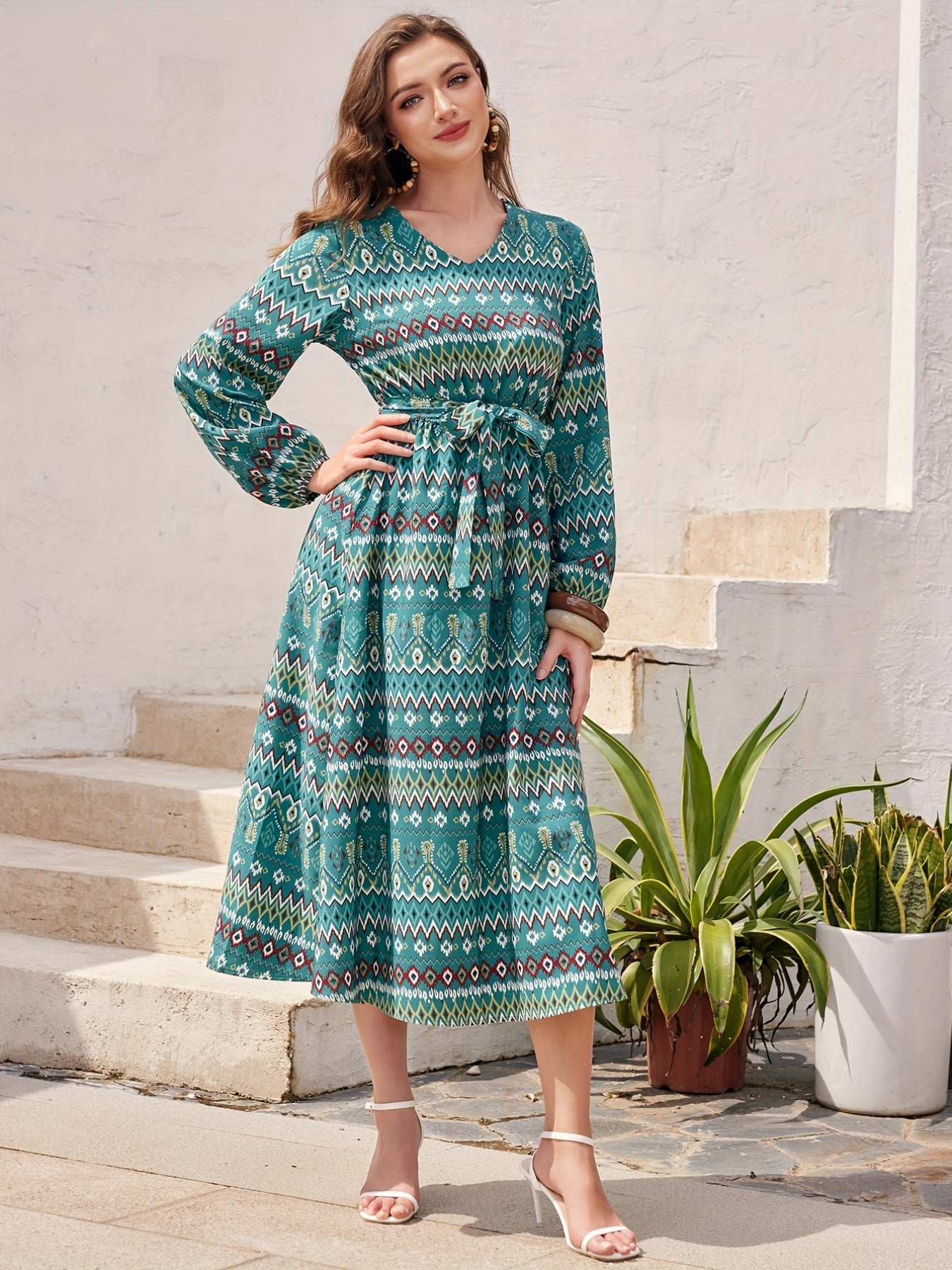 Argyle Print Midi Dress V Neck Lantern Sleeve Dress