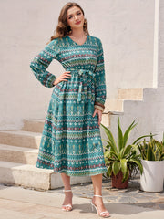 Argyle Print Midi Dress V Neck Lantern Sleeve Dress