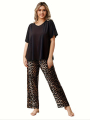 Casual Pajamas Set Soft Tee & Leopard Print Pants Lounge Two Piece Set