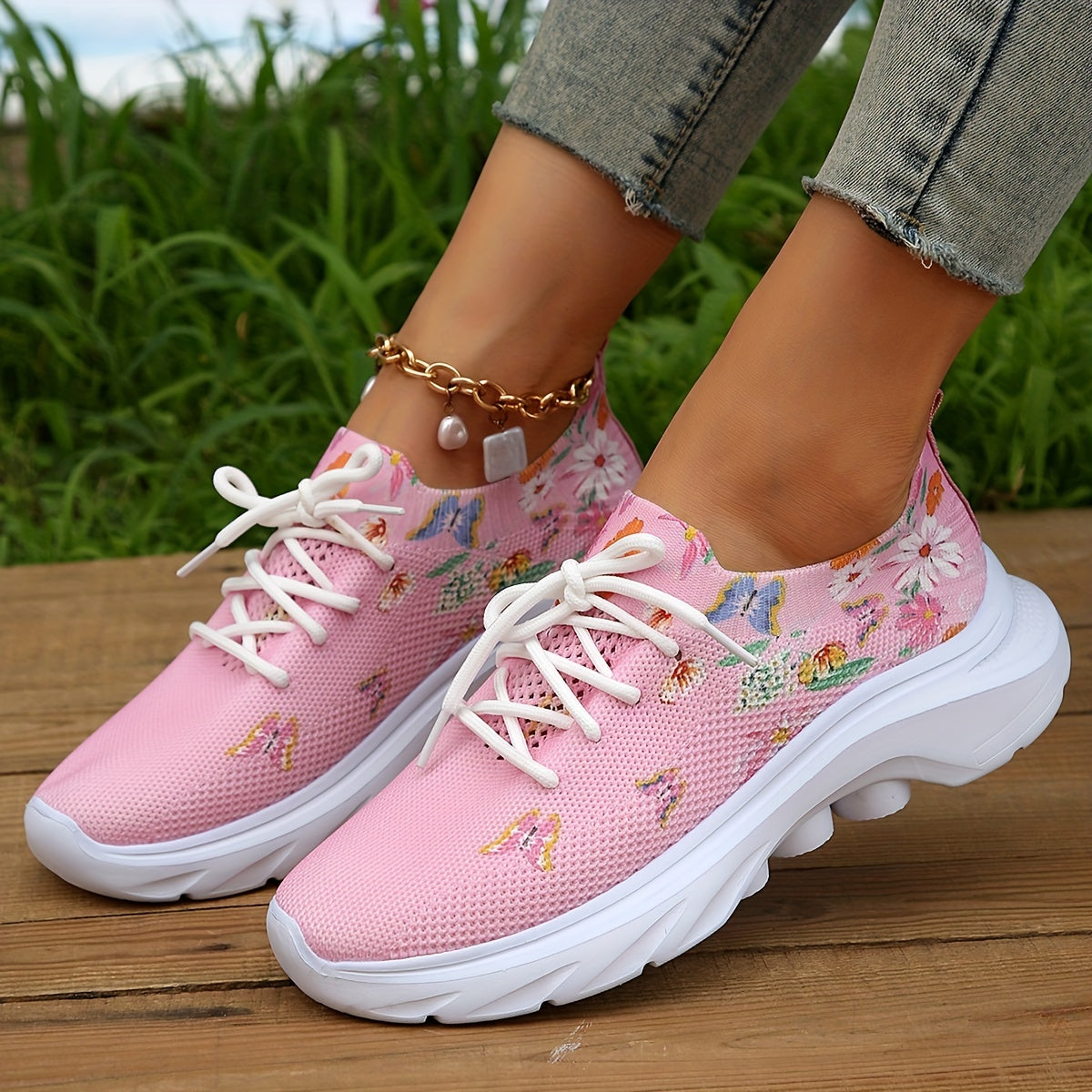Women's Knitted Sneakers Floral & Butterfly Print Sports Shoes