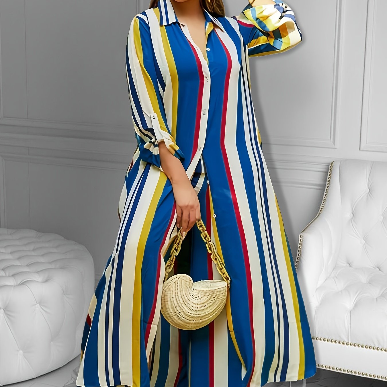 Women's Plus Size Striped Long Sleeve Shirt & Wide Leg Pants Outfit Set