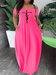 Women's Plus Cross Letter Print Off Shoulder Maxi Dress