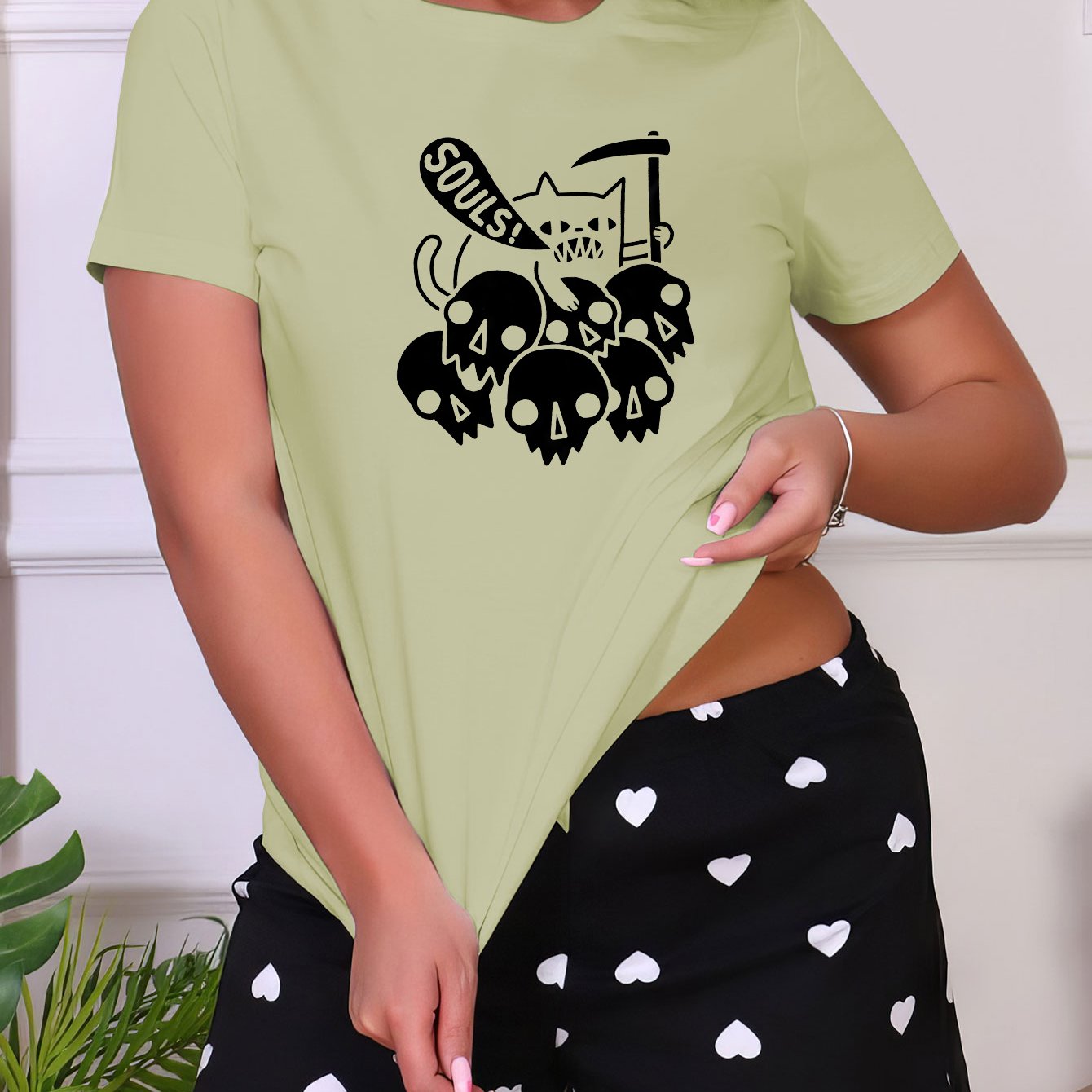 Cat & Skull Print Short Sleeve Sleep Top