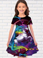 Girls Unicorn Graphic Dress Crew Neck 3D Print Summer Clothes