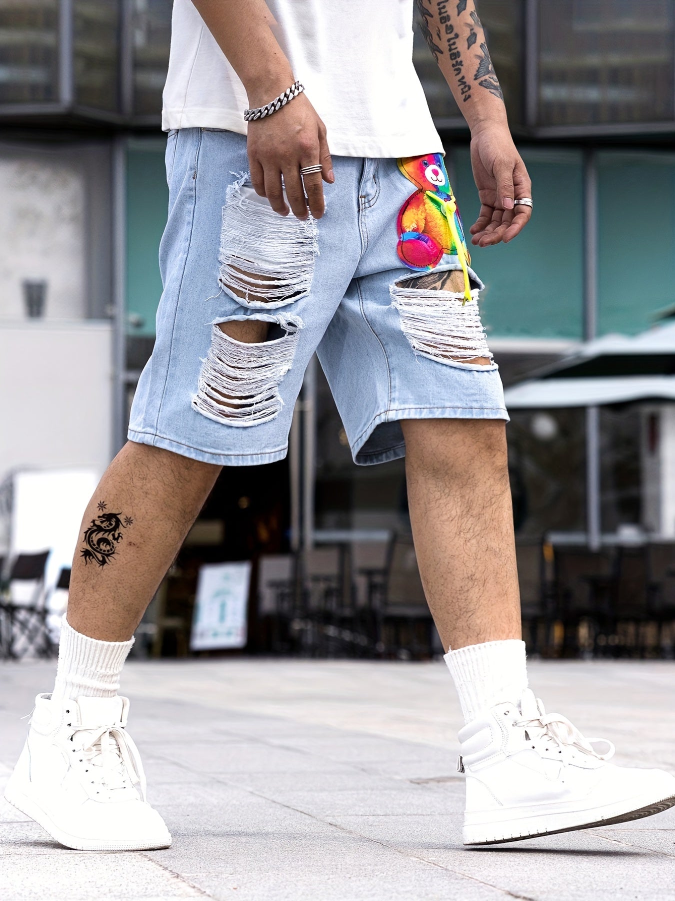 Colorful Toy Bear Pattern Ripped Denim Shorts Men's Casual Street Style Dist