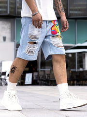 Colorful Toy Bear Pattern Ripped Denim Shorts Men's Casual Street Style Dist