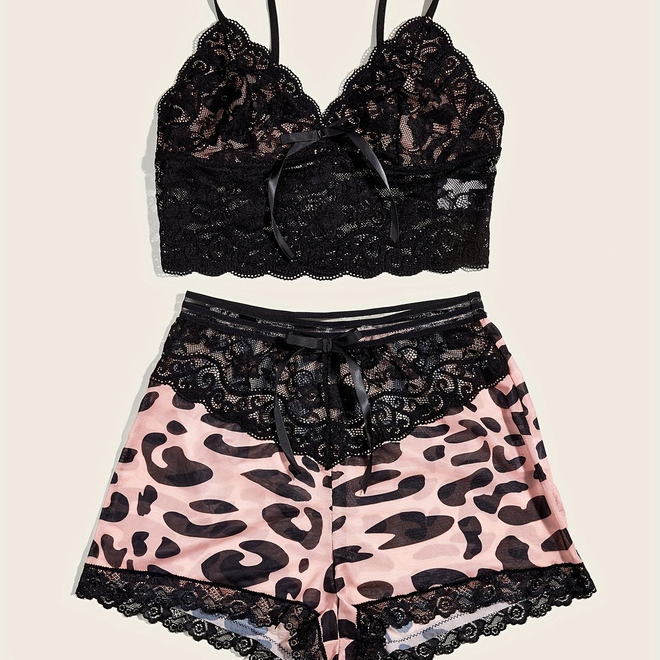 Lace Lingerie Set with Cami Top & Leopard Shorts