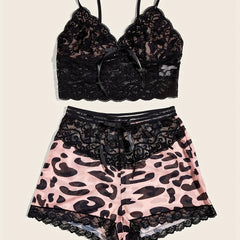 Lace Lingerie Set with Cami Top & Leopard Shorts