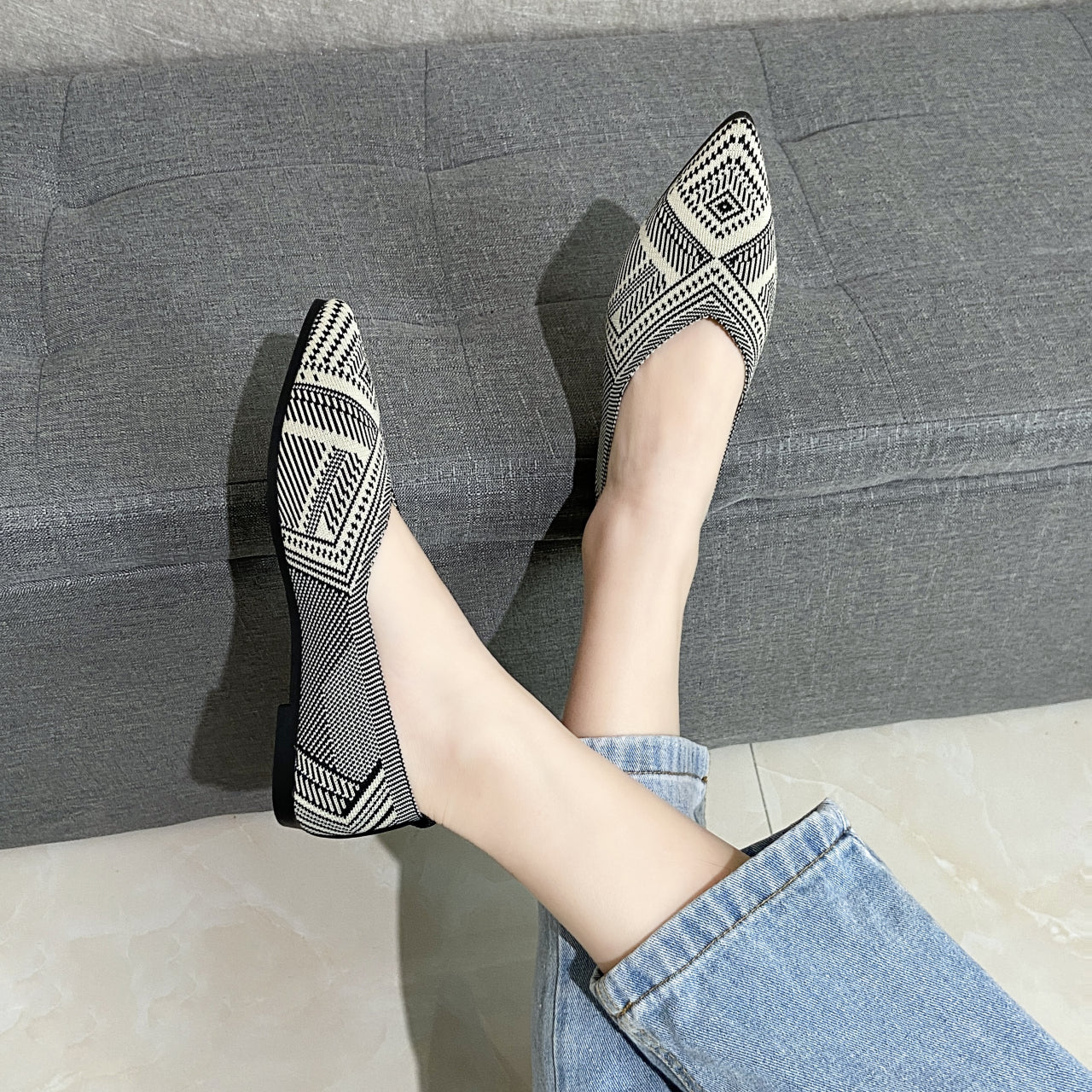 Geometric Knit Ballet Flats Pointed Toe Shoes