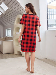 Plaid NightDress Short Sleeve Pajama Dress Women's Sleepwear