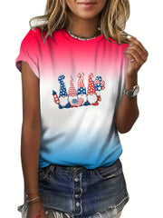 Star & Stripe Pattern Ombre Crew Neck T-Shirt Summer Tee Women's Clothing
