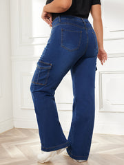 Washed Button Fly High Rise Wide Leg Cargo Jeans