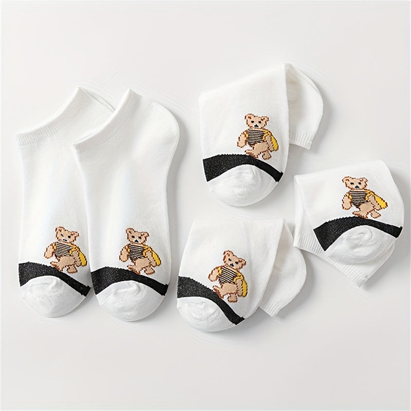5 Pairs Cartoon Bear Print Socks Lightweight Low Cut Ankle Socks