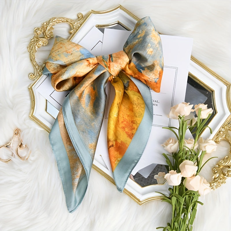 Vintage Golden Print Square Scarf Satin Head Scarf for Women