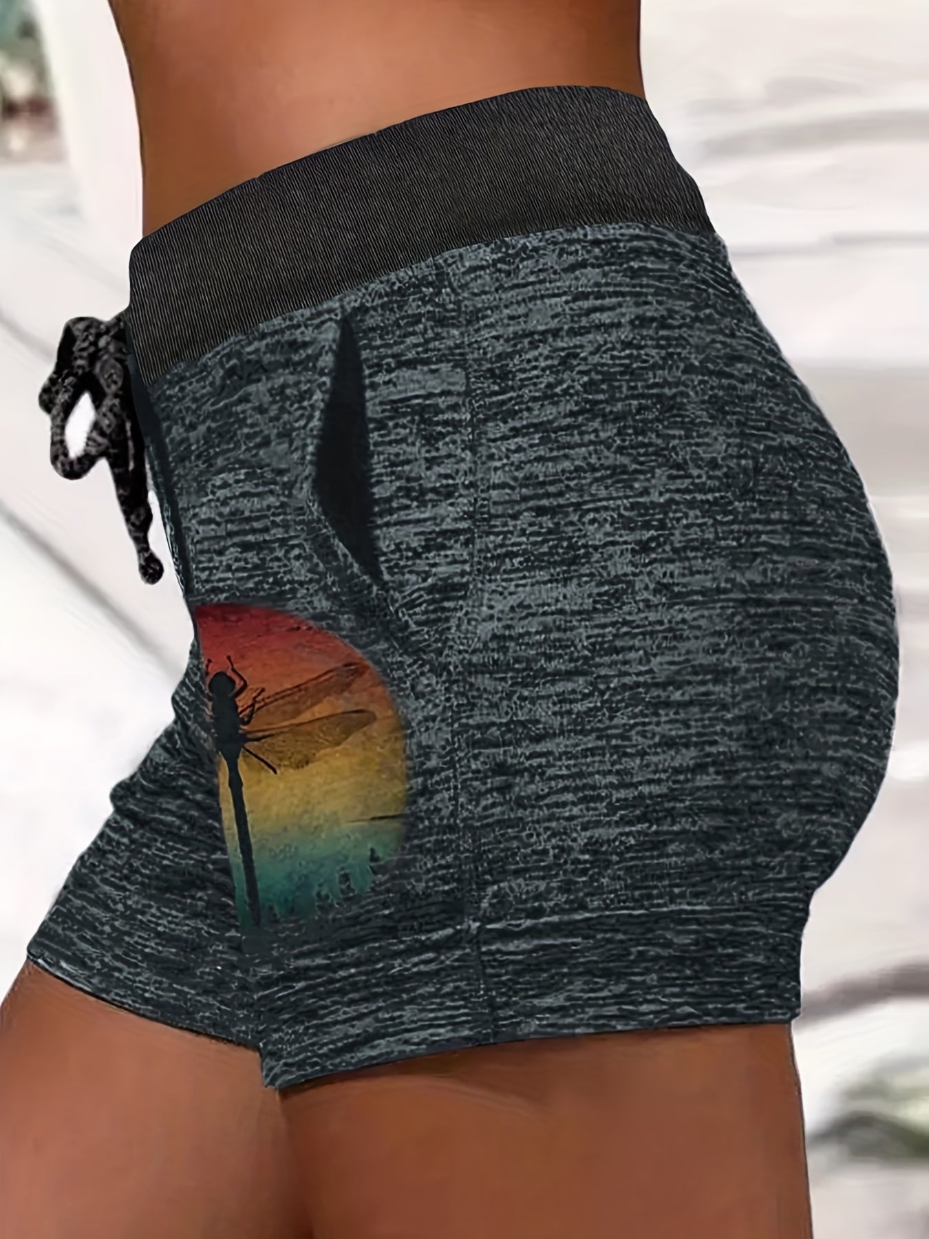 Dragonfly Print Drawstring Shorts with Pockets