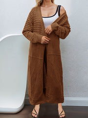 Solid Hollow Out Long Sleeve Open Front Long Cardigan