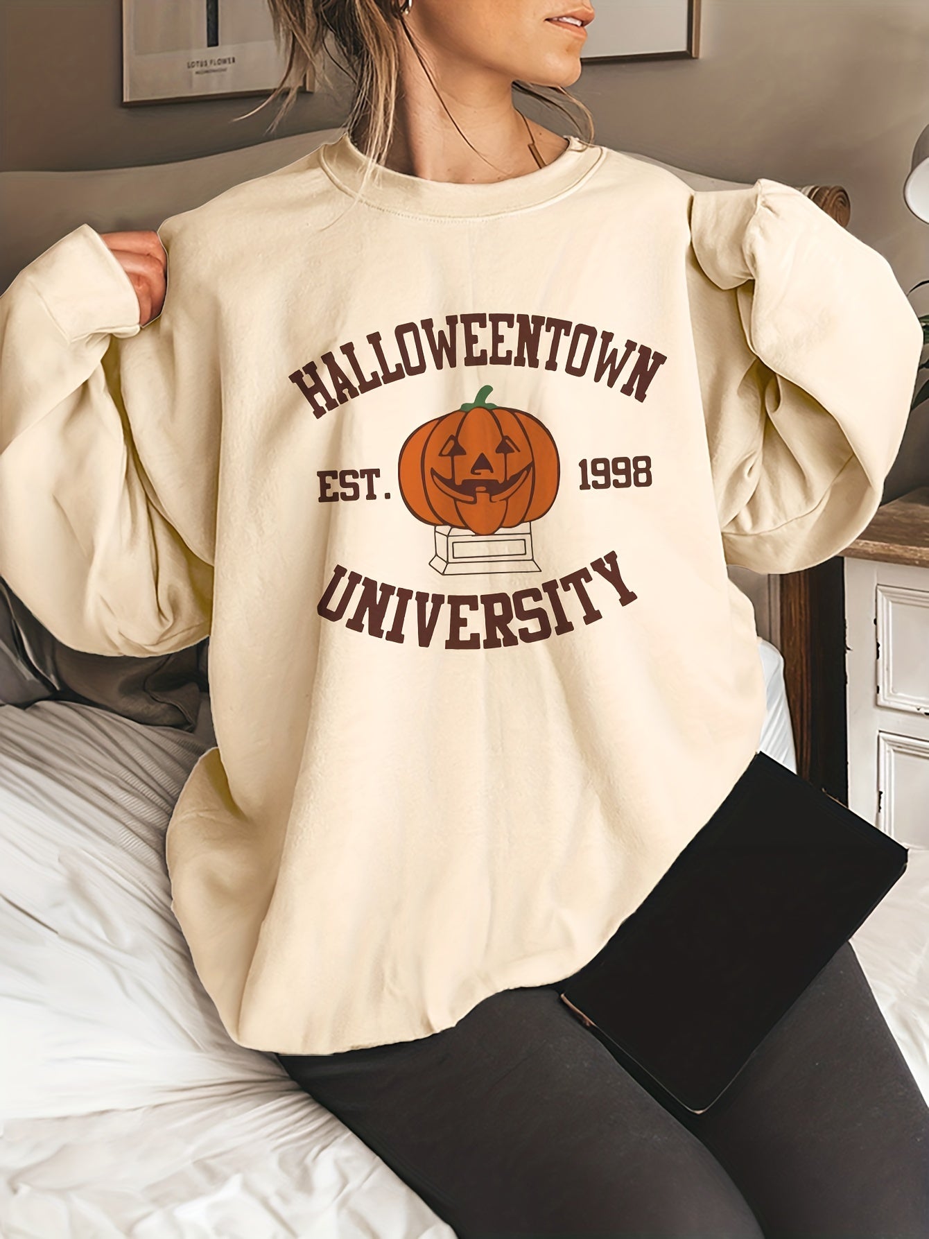 Halloween Print Sweatshirt Long Sleeve Crew Neck Sweatshirt