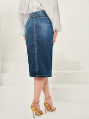 Solid High Rise Midi Denim Skirt