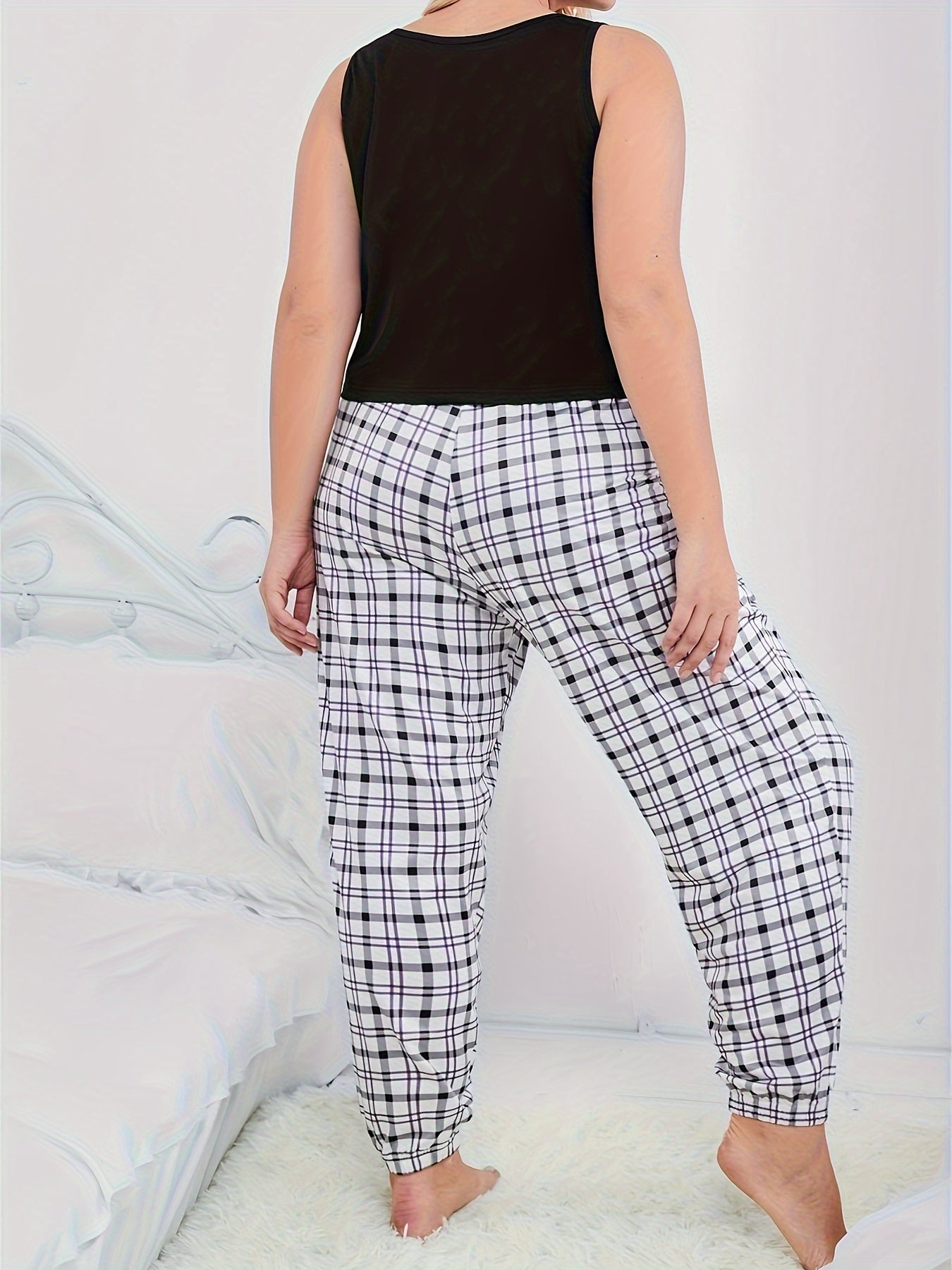 Slogan Heart Print Tank Top Plaid Joggers Lounge Set