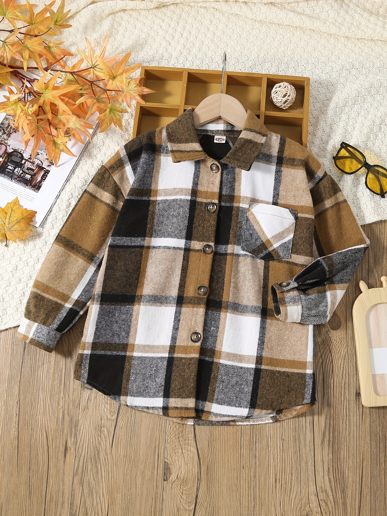 Boys Flannel Jacket Plaid Long Sleeve Lapel Button Down Shirt