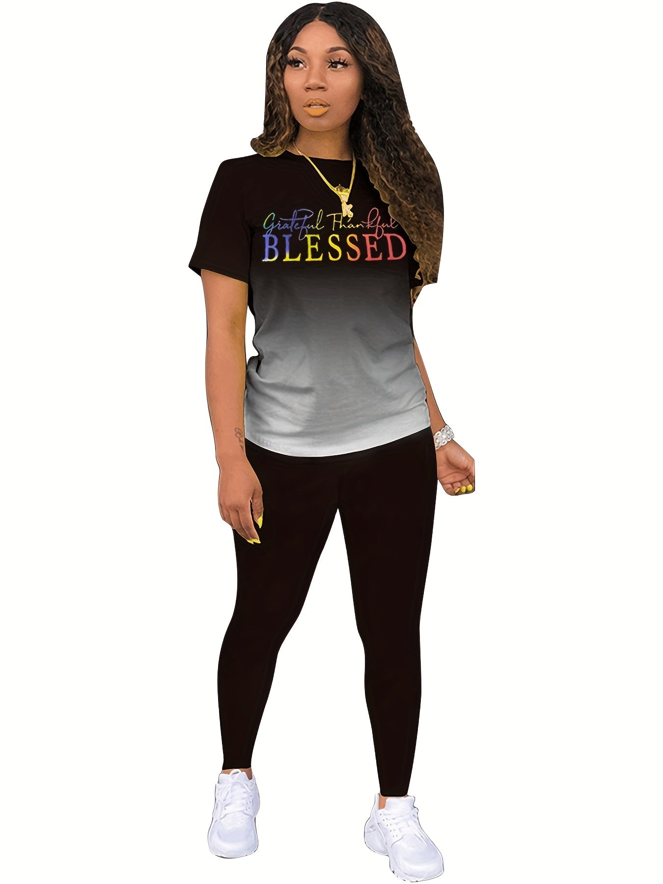 Blessed Print Tee & Slim Pants Workout Set