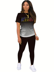 Blessed Print Tee & Slim Pants Workout Set