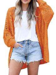 Solid Crochet Knit Long Sleeve Open Front Cardigan