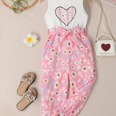 Girls Floral Heart Pattern Belted Jumpsuit Kids Casual Summer Outfit