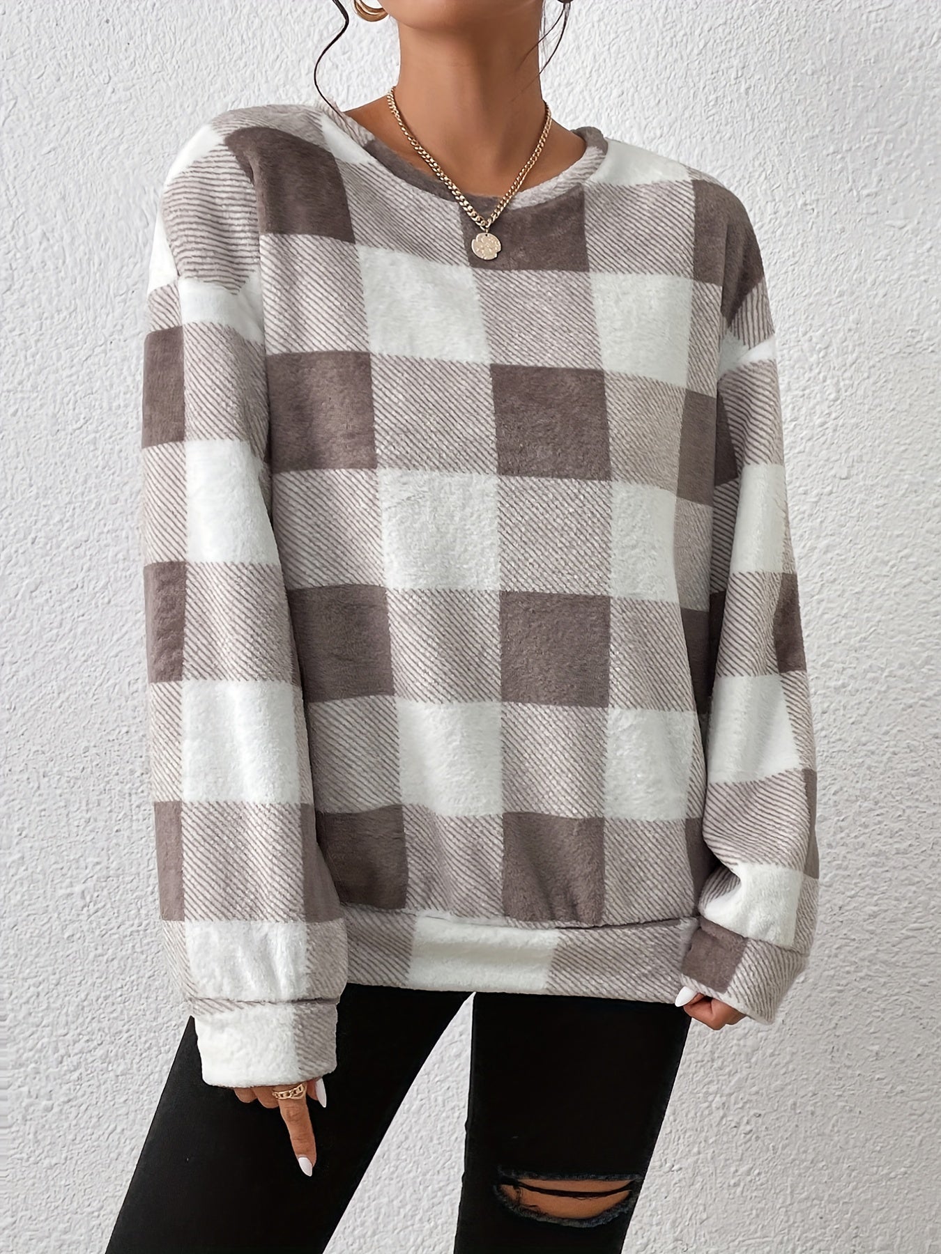 Plaid Pullover Sweatshirt Crew Neck for Fall & Winter Women's Clothing