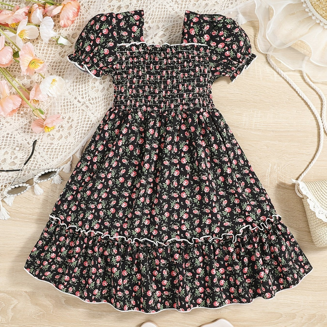 Kid Girls Floral Summer Dress Square Neck A line Princess Dress