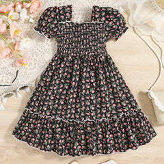 Kid Girls Floral Summer Dress Square Neck A line Princess Dress