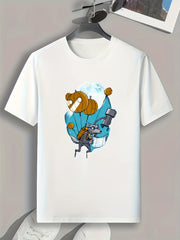 Flying Cartoon Wolf Print Men's Graphic T-shirt for Summer