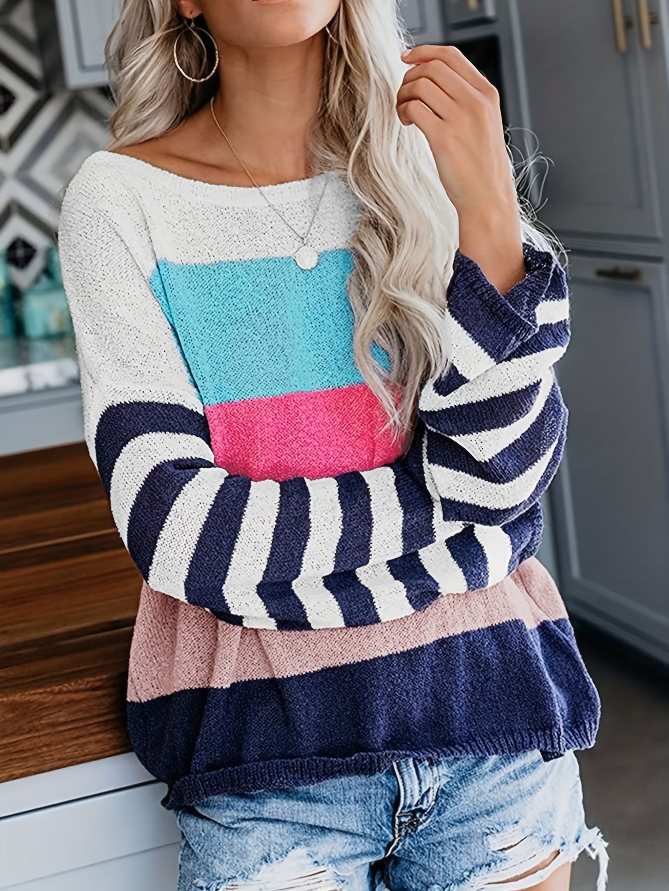 Casual Sweater Colorblock Stripe Print Long Sleeve Jumper