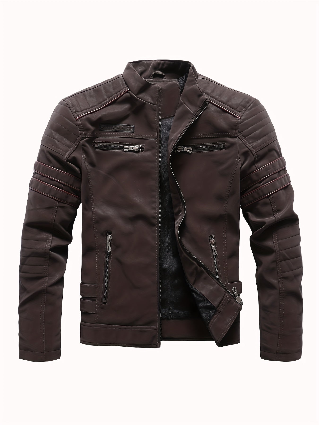 Men's Fleece Biker Jacket PU Leather Zip Up Stand Collar