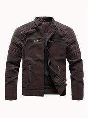 Men's Fleece Biker Jacket PU Leather Zip Up Stand Collar