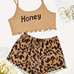 Women's Letter Print Cami & Leopard Shorts Pajama Set