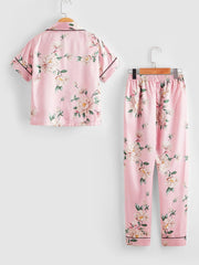 2pcs Girls Pajamas Flowers Print Button Short Sleeve Top & Pants Set